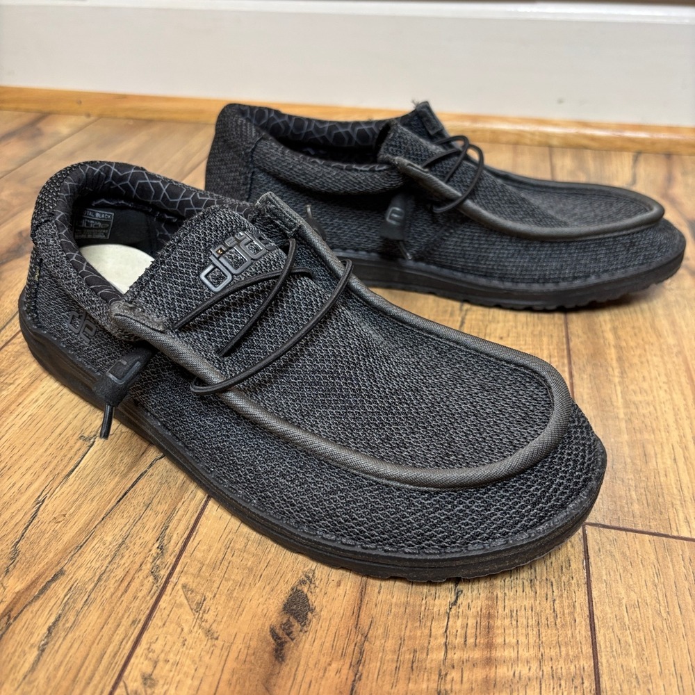 Hey Dude Wally Total Black Mesh Slip On Casual Loafers Mens Shoes Size 40 - Picture 2 of 11